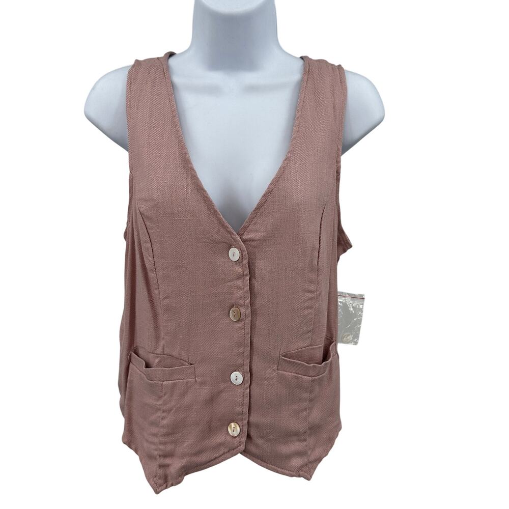 Rachel Paige V-Neck Vest WMNS XS Dusty Rose Linen Blend Button Up Front Pockets